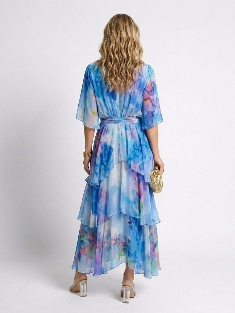 Calista - Vestido largo de capas semitransparentes con cuello en V y cintura ajustable