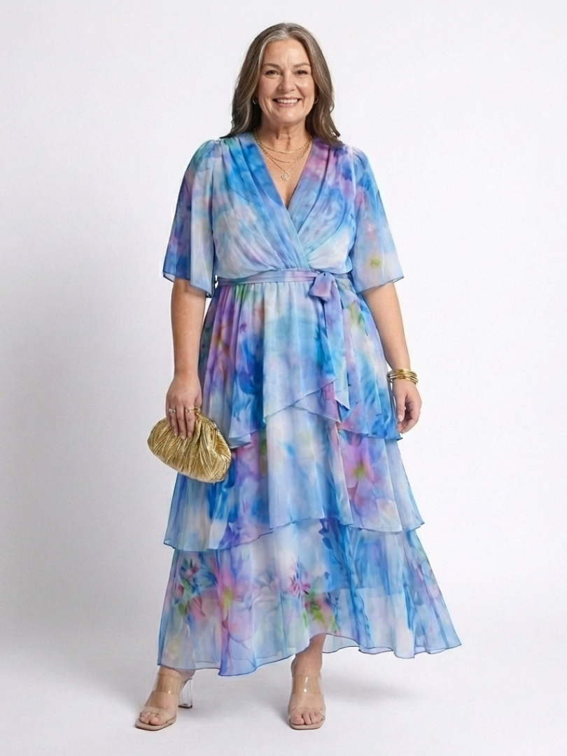 Calista - Vestido largo de capas semitransparentes con cuello en V y cintura ajustable