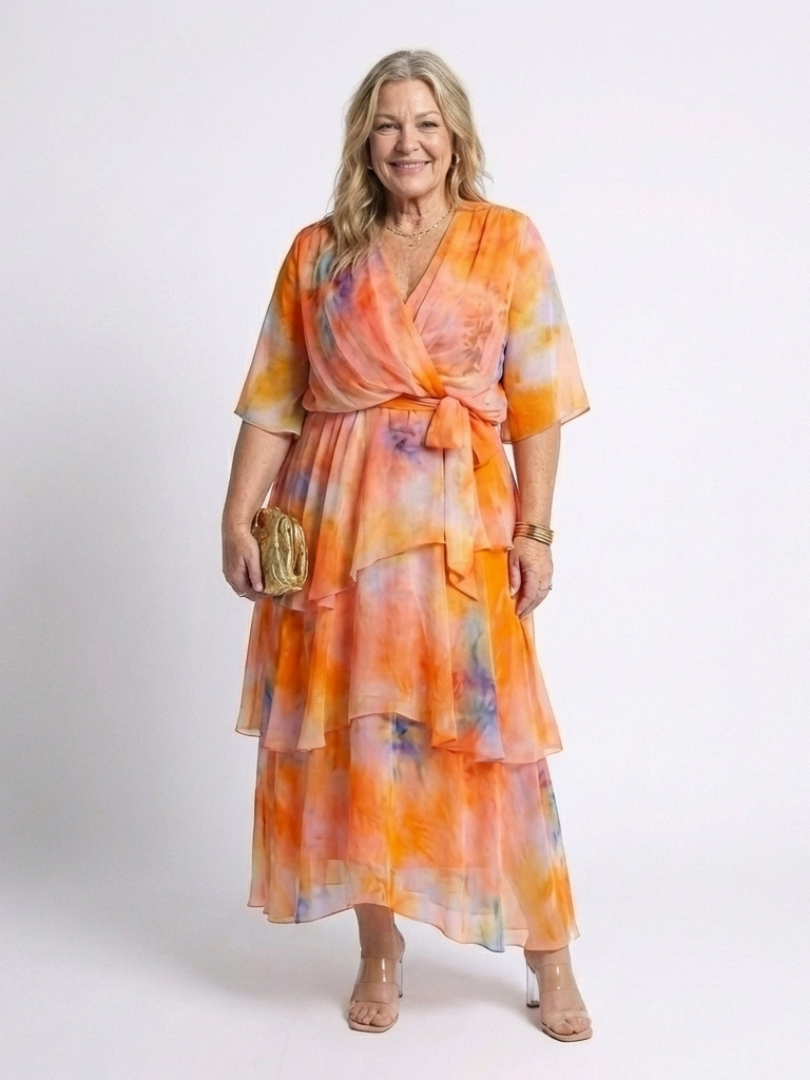 Calista - Vestido largo de capas semitransparentes con cuello en V y cintura ajustable