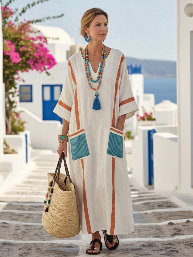 Vestido maxi con escote en V, mangas tres cuartos y bolsillos Noemi