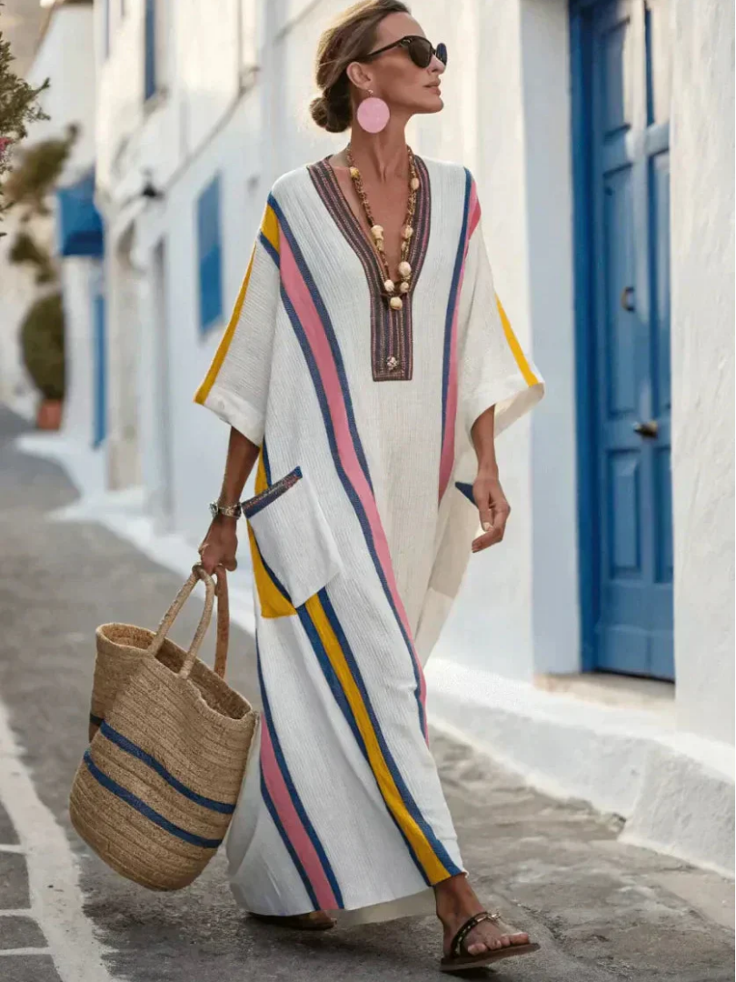 Vestido maxi con escote en V, mangas tres cuartos y bolsillos Noemi