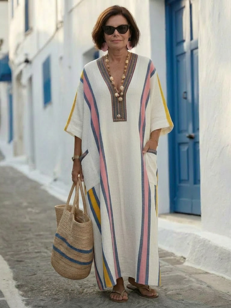 Vestido maxi con escote en V, mangas tres cuartos y bolsillos Noemi