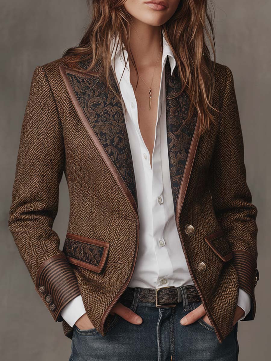 Blazer de Mujer en Espiga con Paneles Estampados