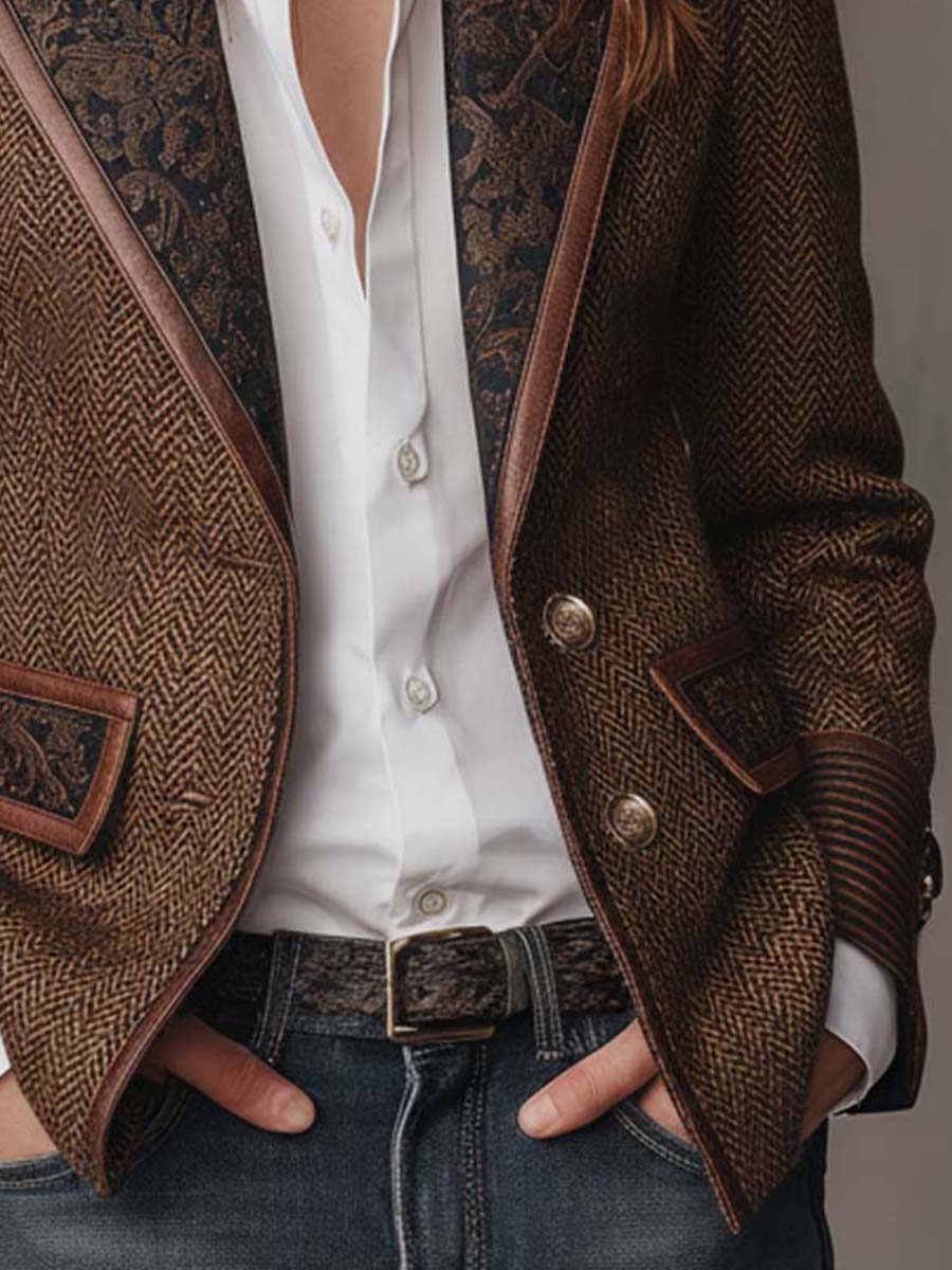 Blazer de Mujer en Espiga con Paneles Estampados