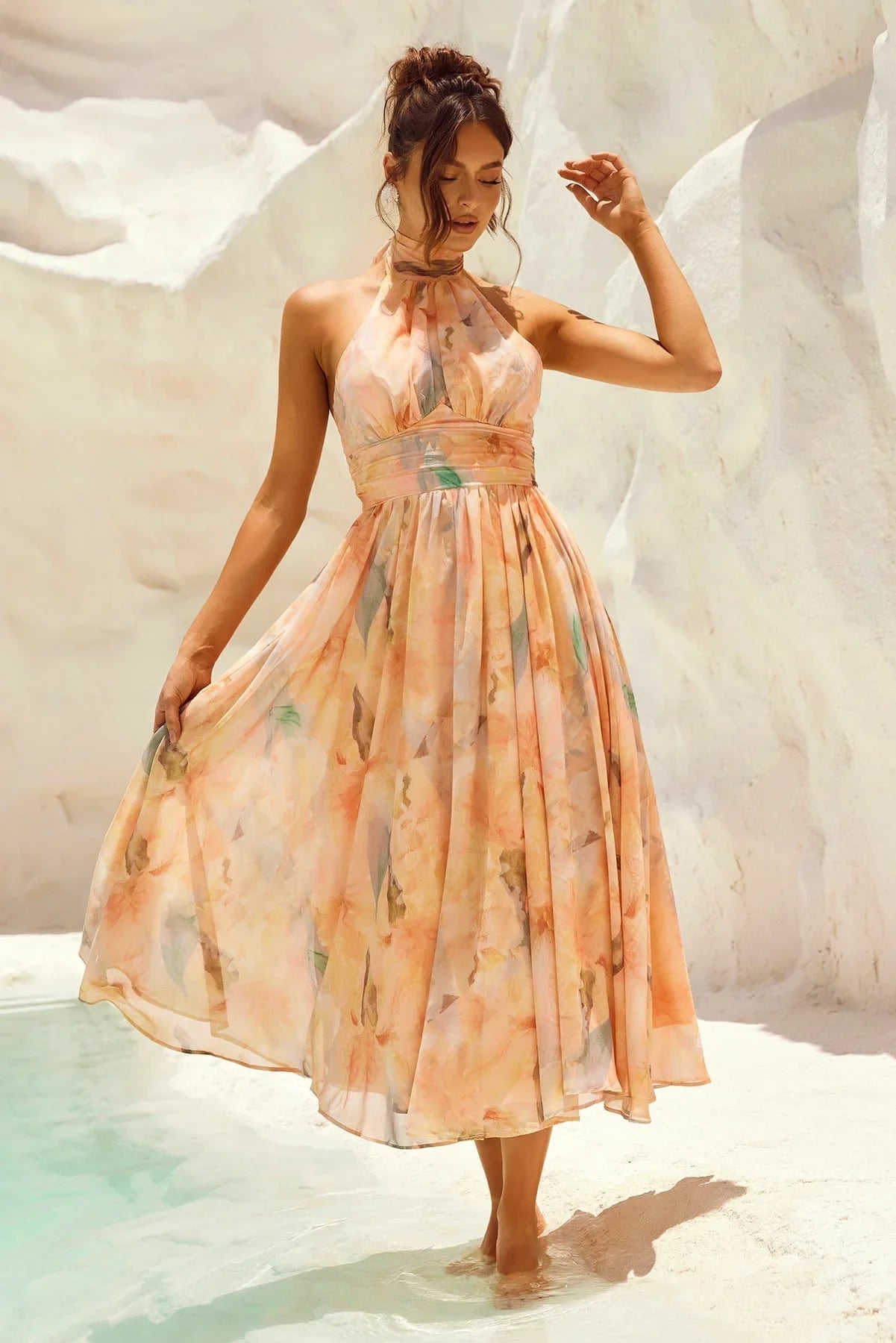 Esther™ | Vestido de Cuello Halter con Estampado de Acuarela