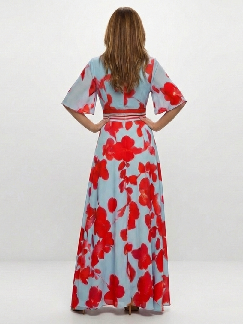 Corinne - Vestido largo floral con cuello en V y manga corta