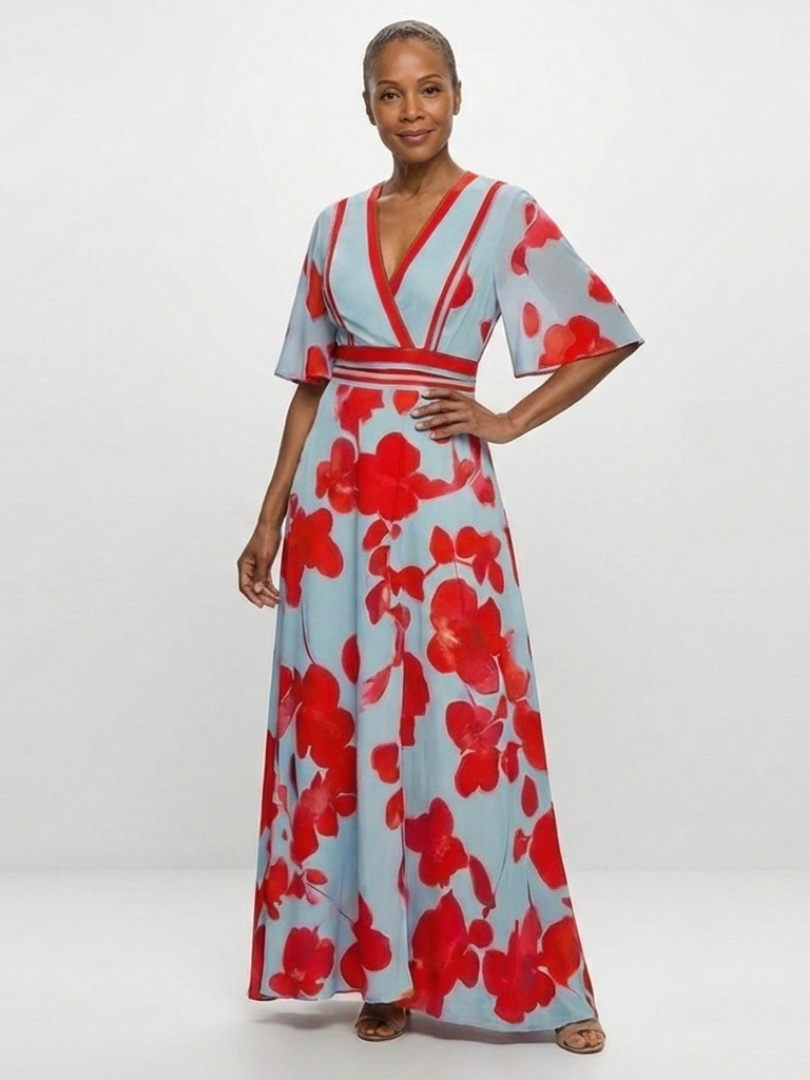 Corinne - Vestido largo floral con cuello en V y manga corta