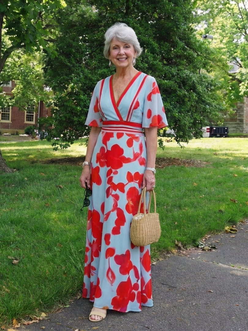 Corinne - Vestido largo floral con cuello en V y manga corta