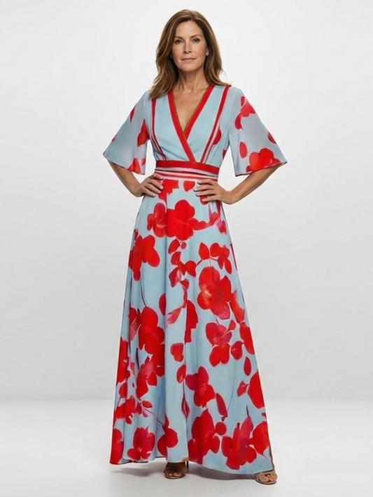 Corinne - Vestido largo floral con escote en V y manga corta