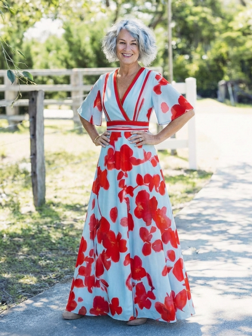 Corinne - Vestido largo floral con cuello en V y manga corta