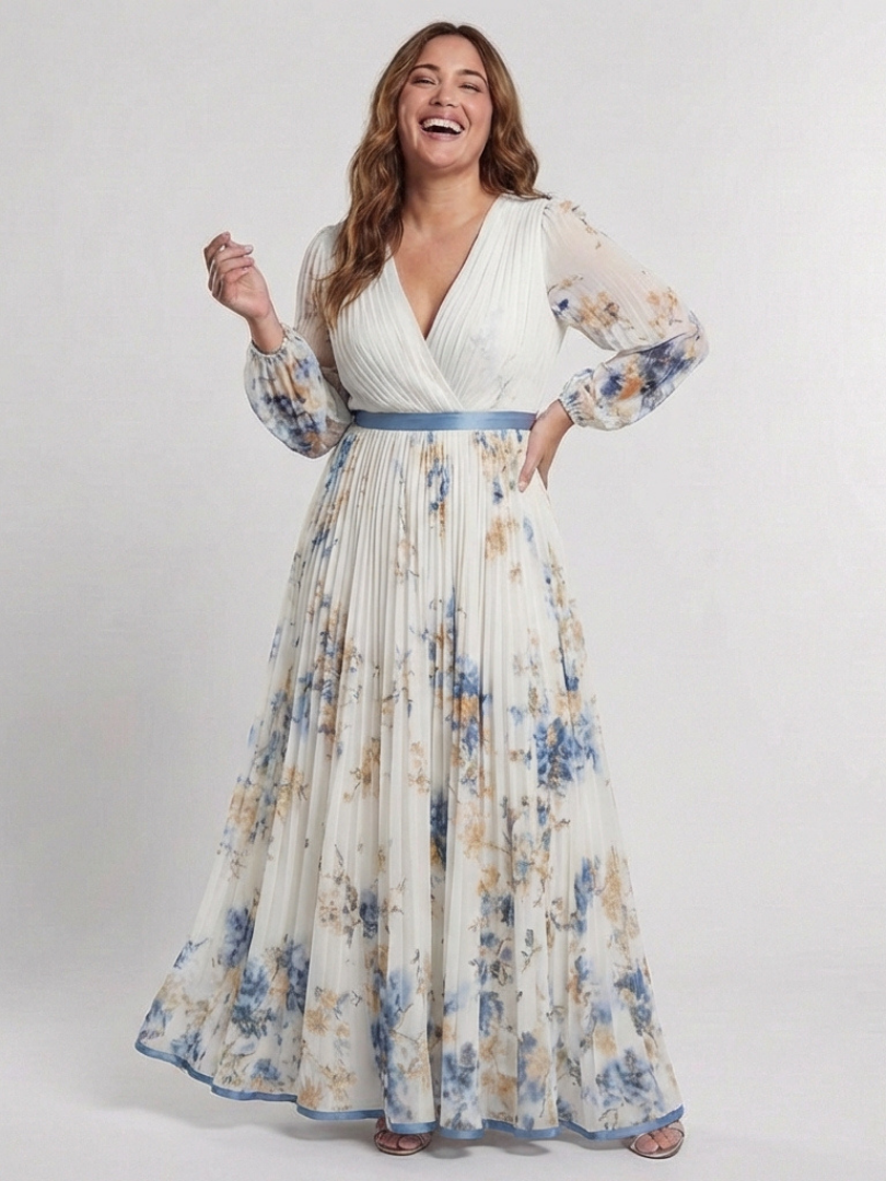Lavinia - Vestido largo floral de manga larga con escote en V