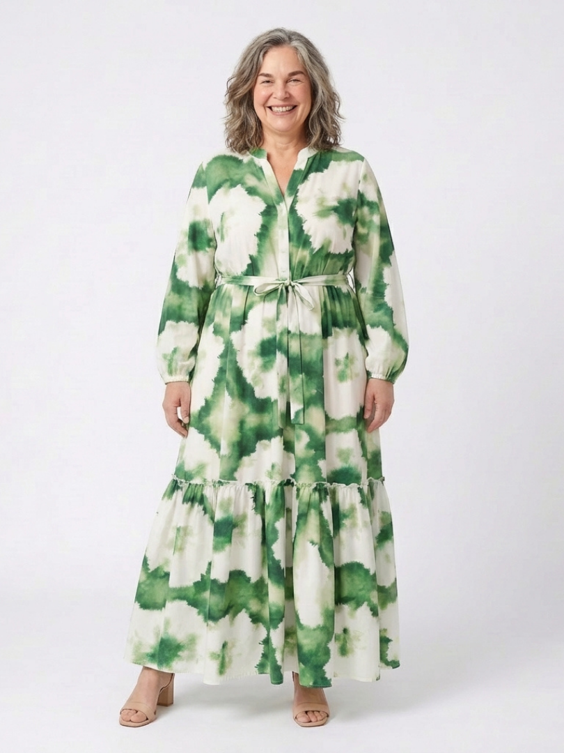 Sabine - Vestido largo escalonado de manga larga con cintura ajustable