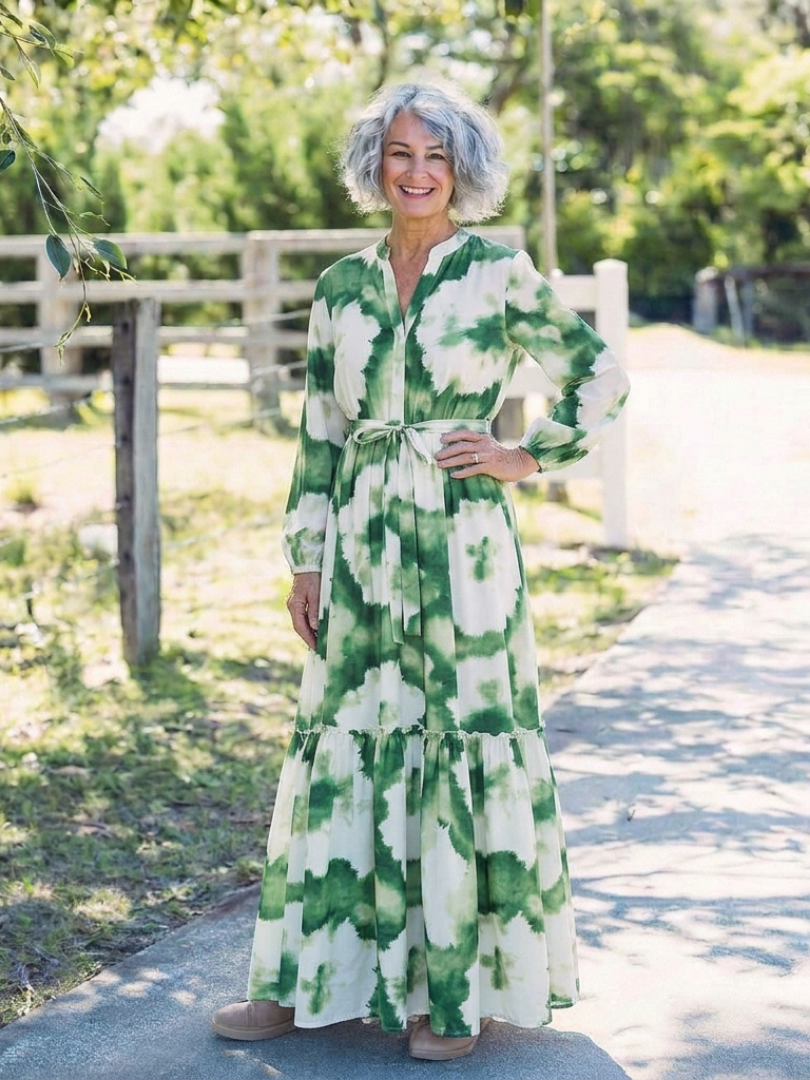 Sabine - Vestido largo escalonado de manga larga con cintura ajustable