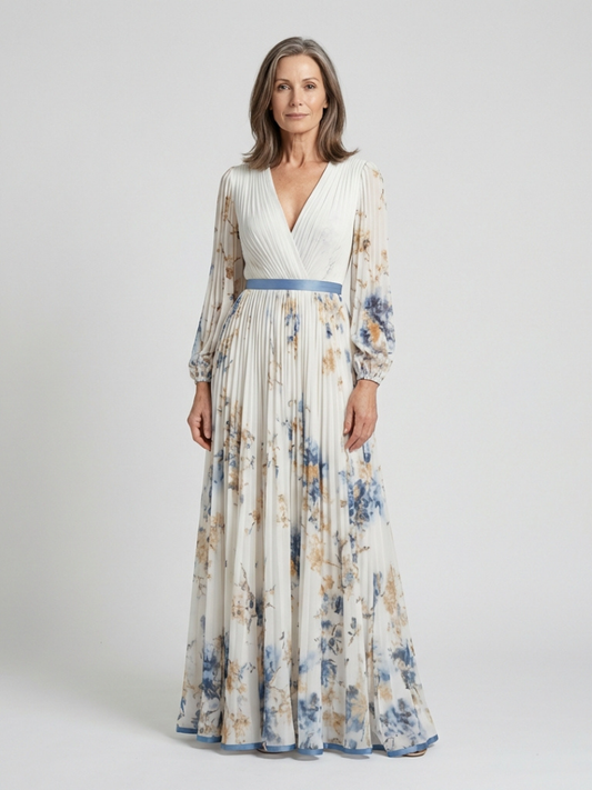 Lavinia - Vestido largo floral con cuello en V y manga larga