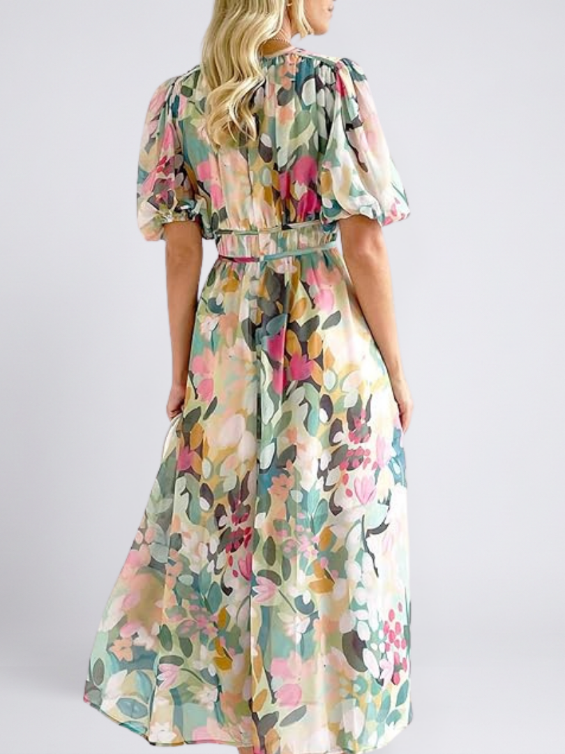 Eulalie - Vestido midi con escote en V, manga corta y cintura fruncida