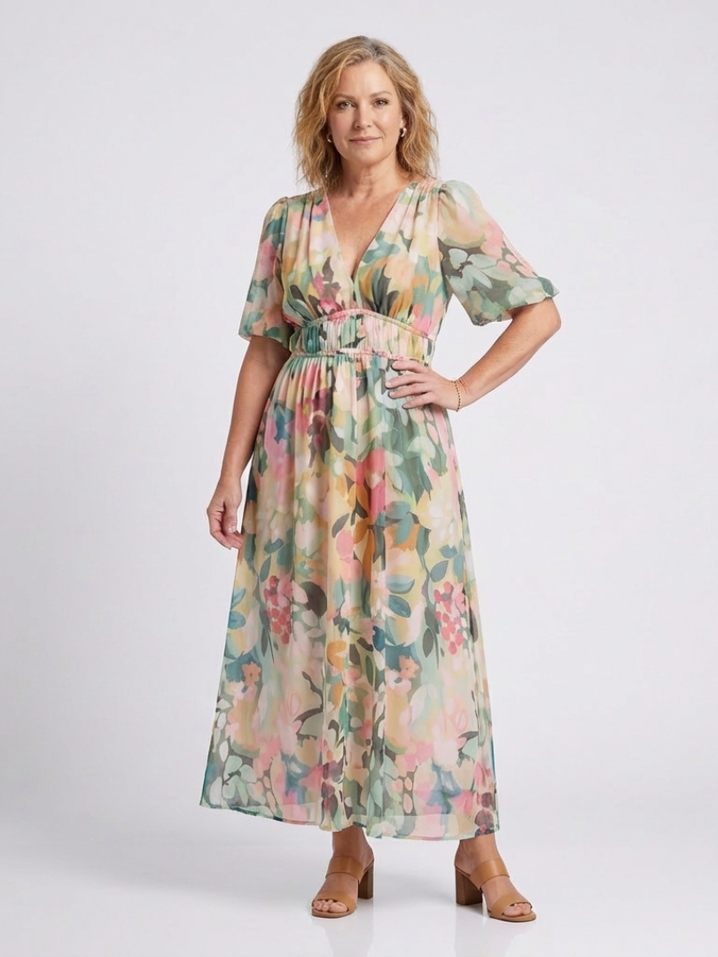 Eulalie - Vestido midi con cuello en V, manga corta y cintura fruncida