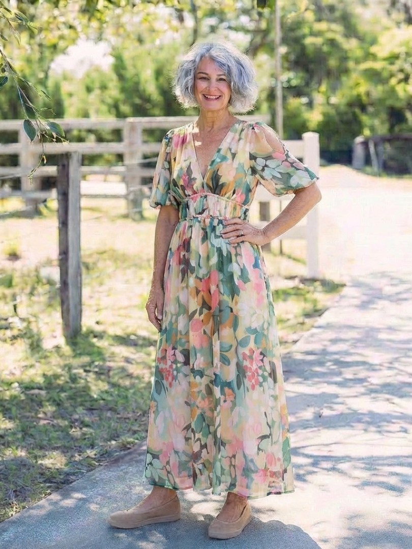 Eulalie - Vestido midi con cuello en V, manga corta y cintura fruncida