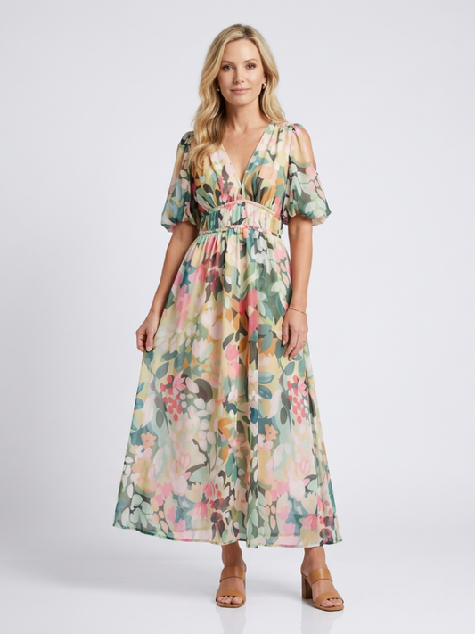 Eulalie - Vestido midi con cuello en V, manga corta y cintura fruncida
