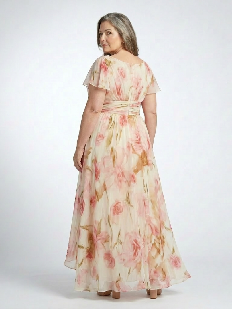 Elara - Vestido largo floral con cuello en V y manga corta