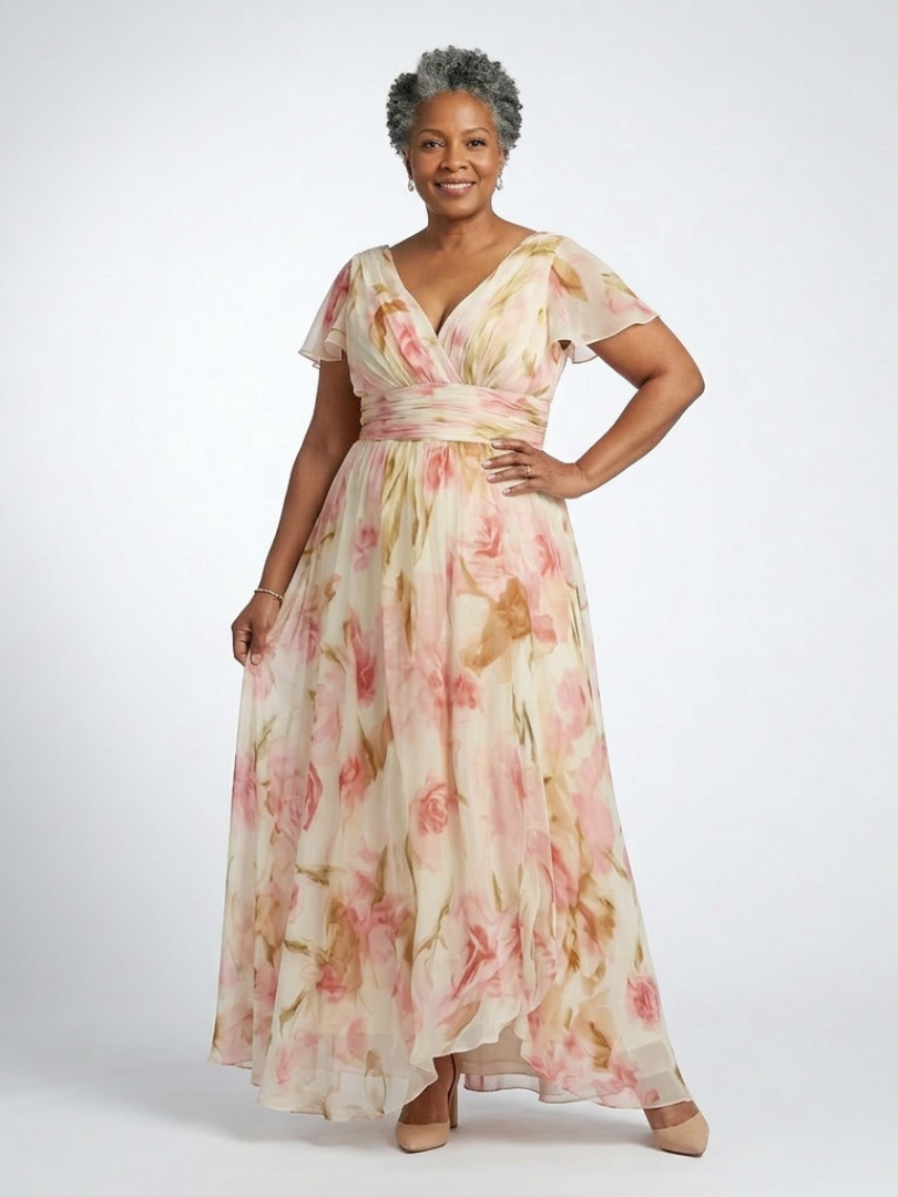 Elara - Vestido largo floral con cuello en V y manga corta
