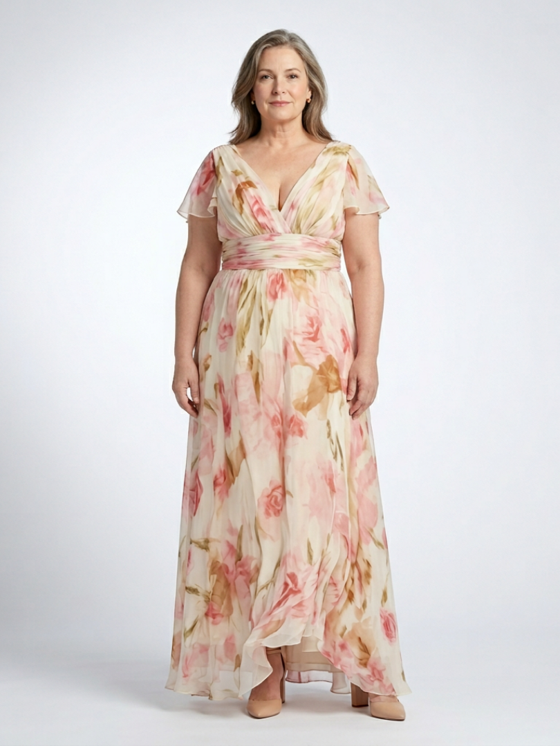 Elara - Vestido largo floral con cuello en V y manga corta