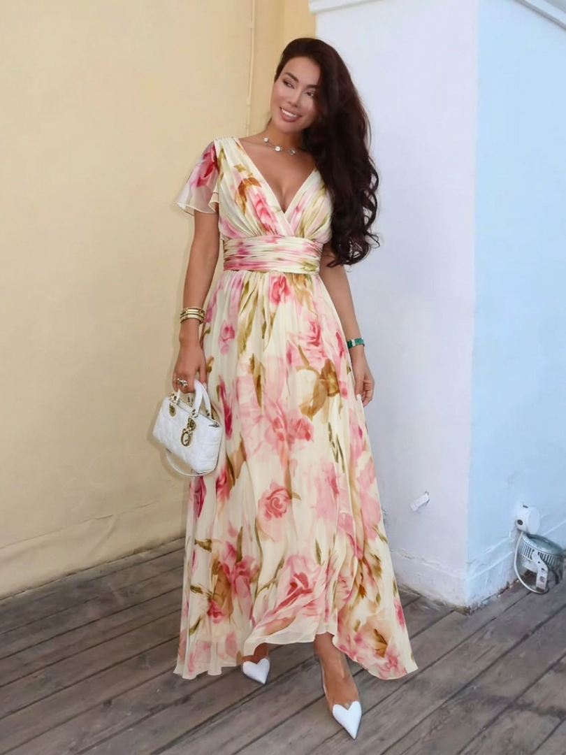 Elara - Vestido largo floral con cuello en V y manga corta