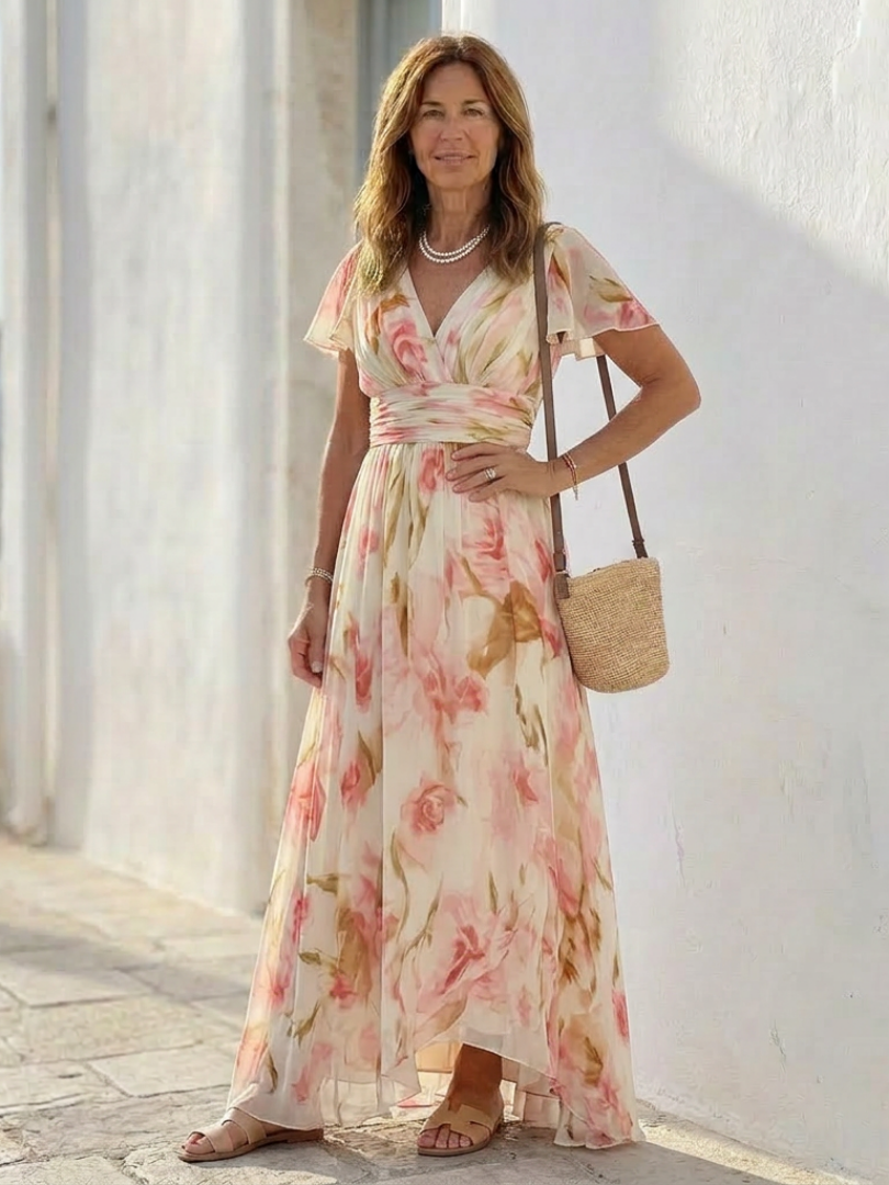 Elara - Vestido largo floral con cuello en V y manga corta