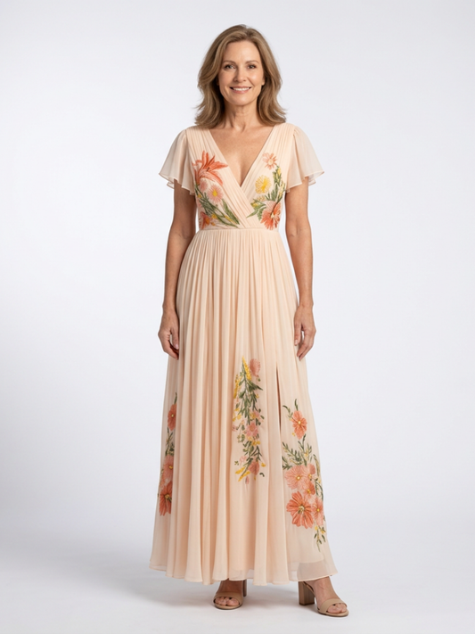 Calista - Vestido largo floral plisado con escote en V y manga corta