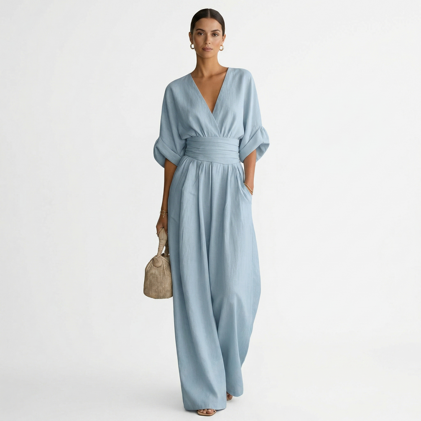 Esperanza | Mono Largo Elegante de Lino Mujer Escote V Cinturón