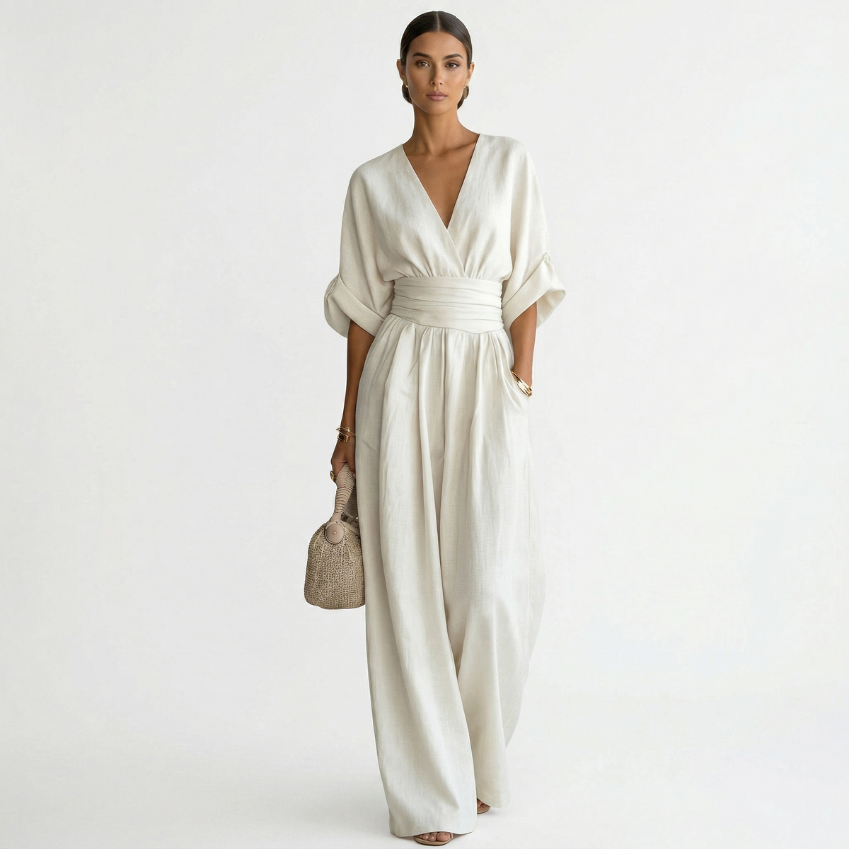 Esperanza | Mono Largo Elegante de Lino Mujer Escote V Cinturón