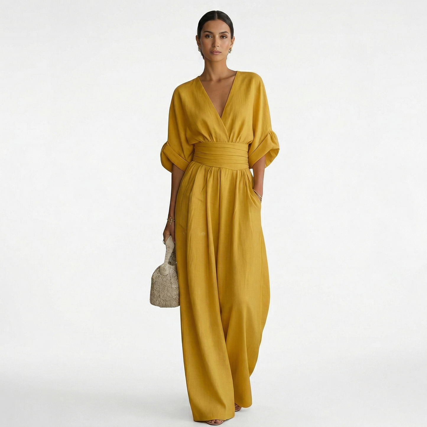 Esperanza | Mono Largo Elegante de Lino Mujer Escote V Cinturón