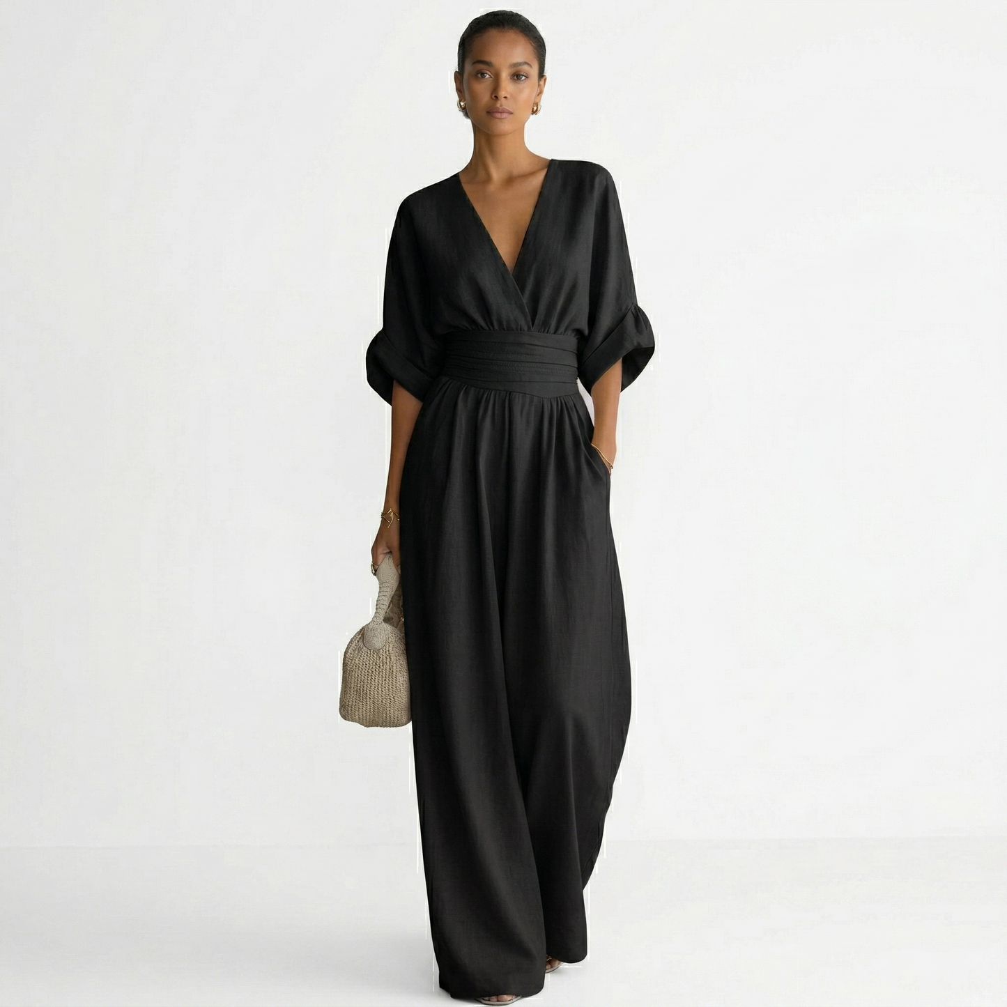 Esperanza | Mono Largo Elegante de Lino Mujer Escote V Cinturón