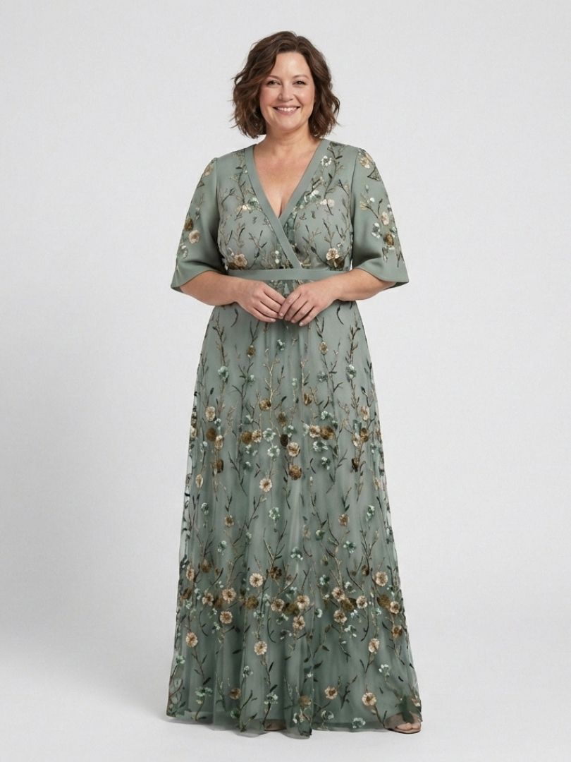 Evadne - Vestido largo floral con escote en V y mangas semitransparentes