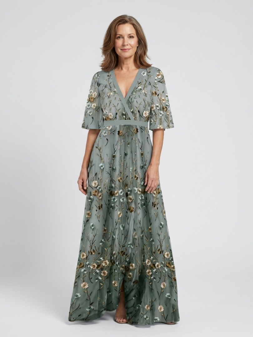 Evadne - Vestido largo floral con cuello en V y manga corta