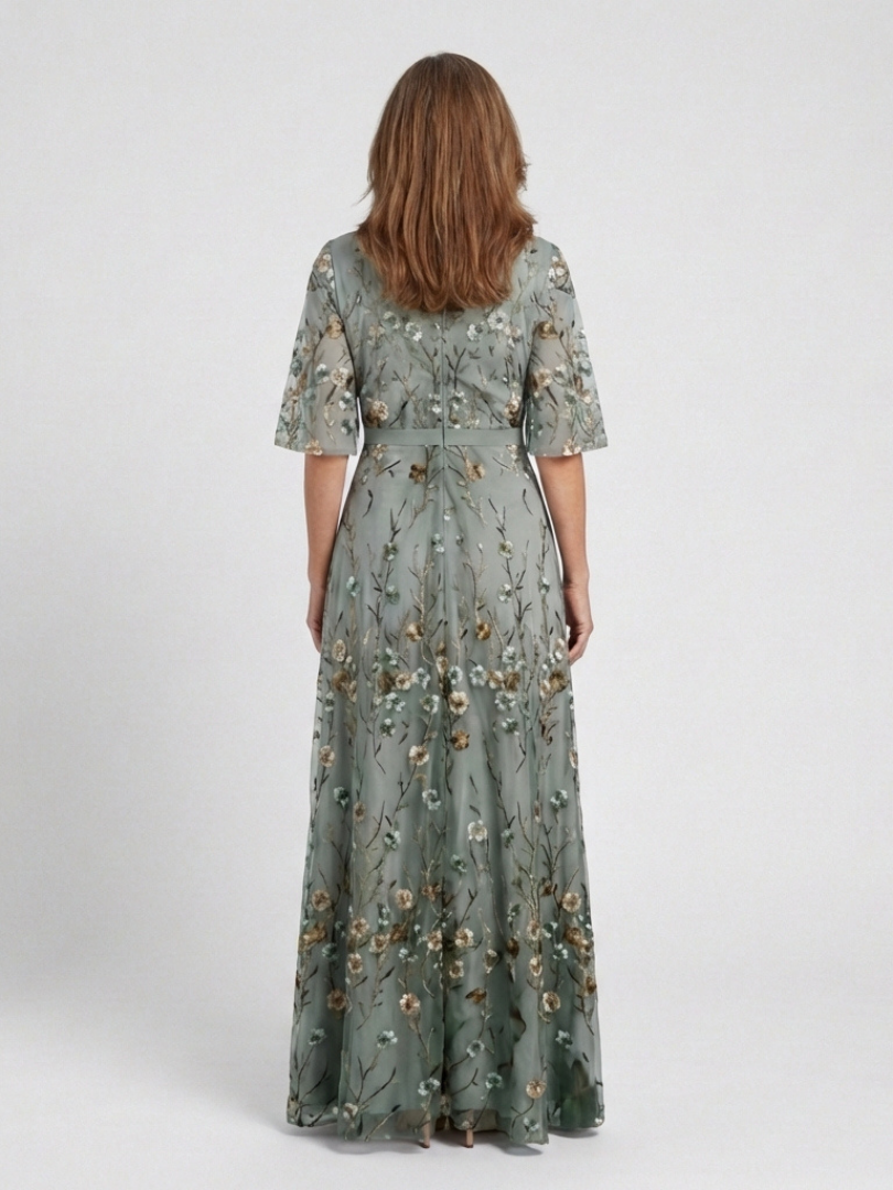 Evadne - Vestido largo floral con escote en V y mangas semitransparentes