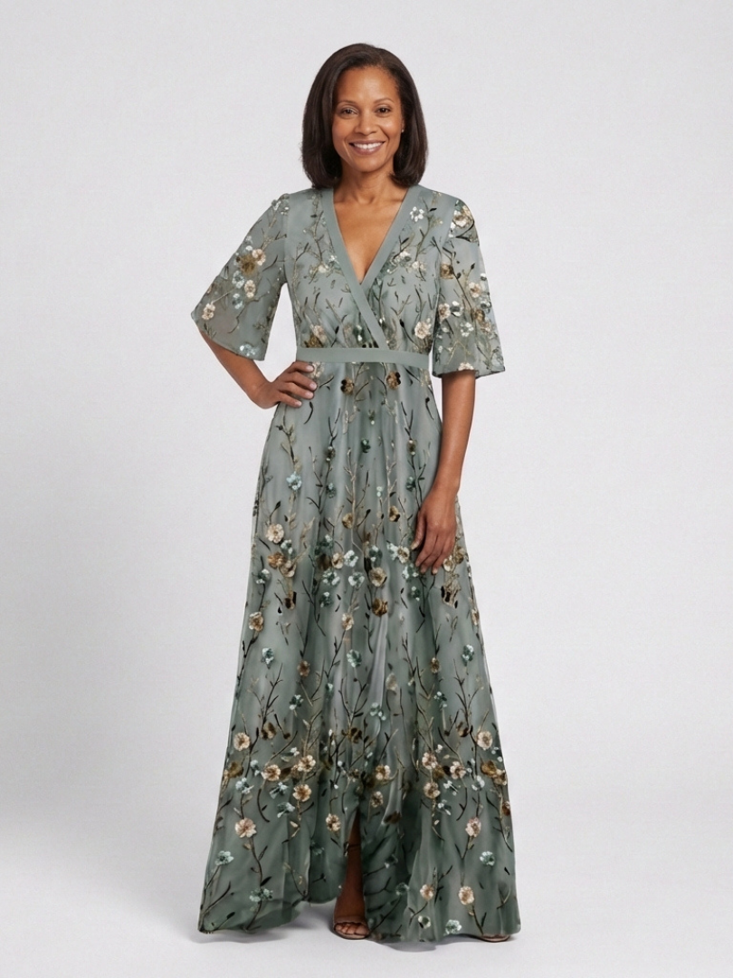 Evadne - Vestido largo floral con escote en V y mangas semitransparentes