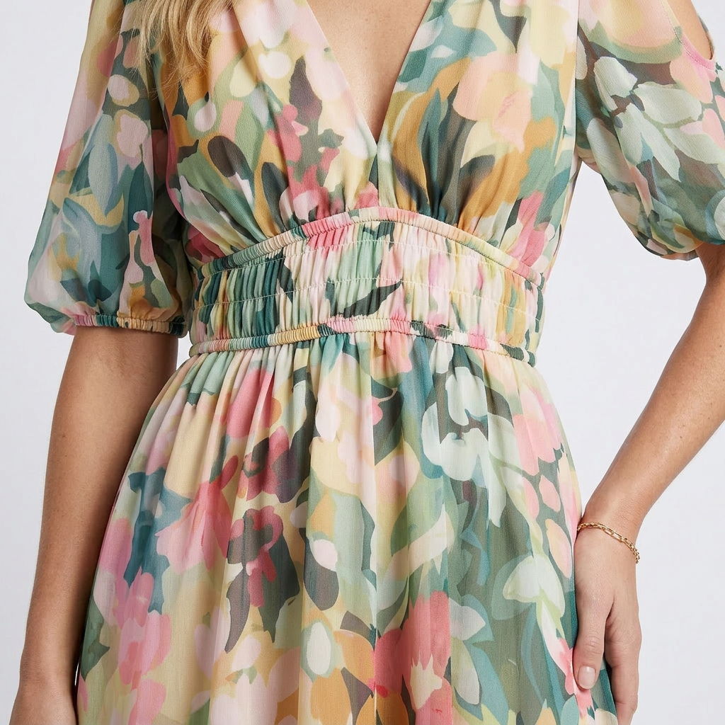 Eulalie - Vestido midi con escote en V, manga corta y cintura fruncida
