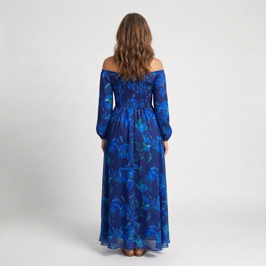 Vestido largo floral de hombros descubiertos