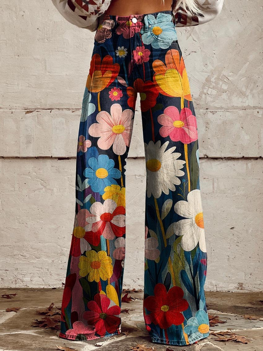 Jeans Anchos Florales Bohemios