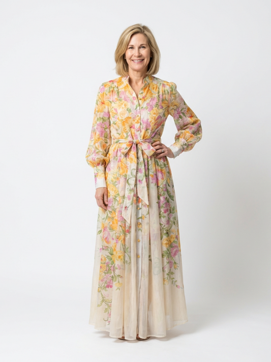Cressida - Vestido largo floral semitransparente de manga larga