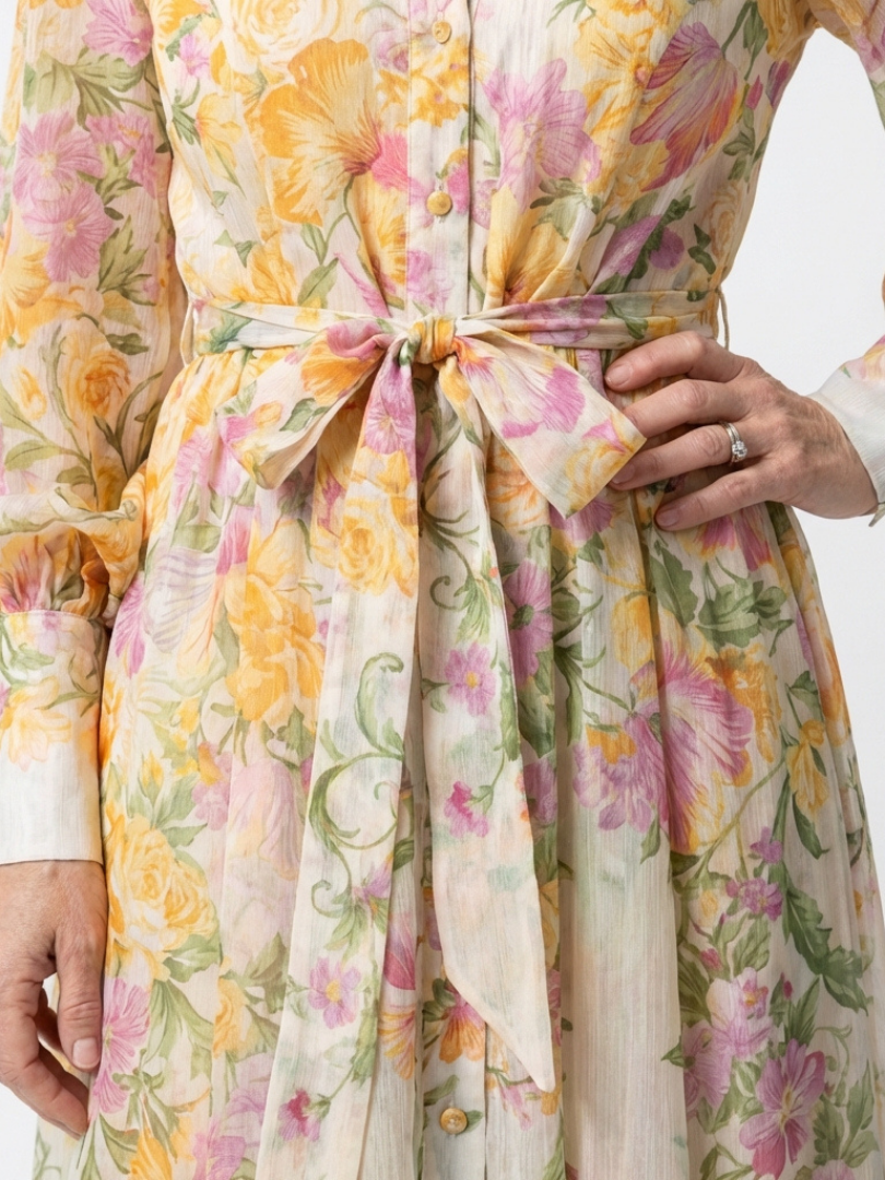 Cressida - Vestido largo floral semitransparente de manga larga