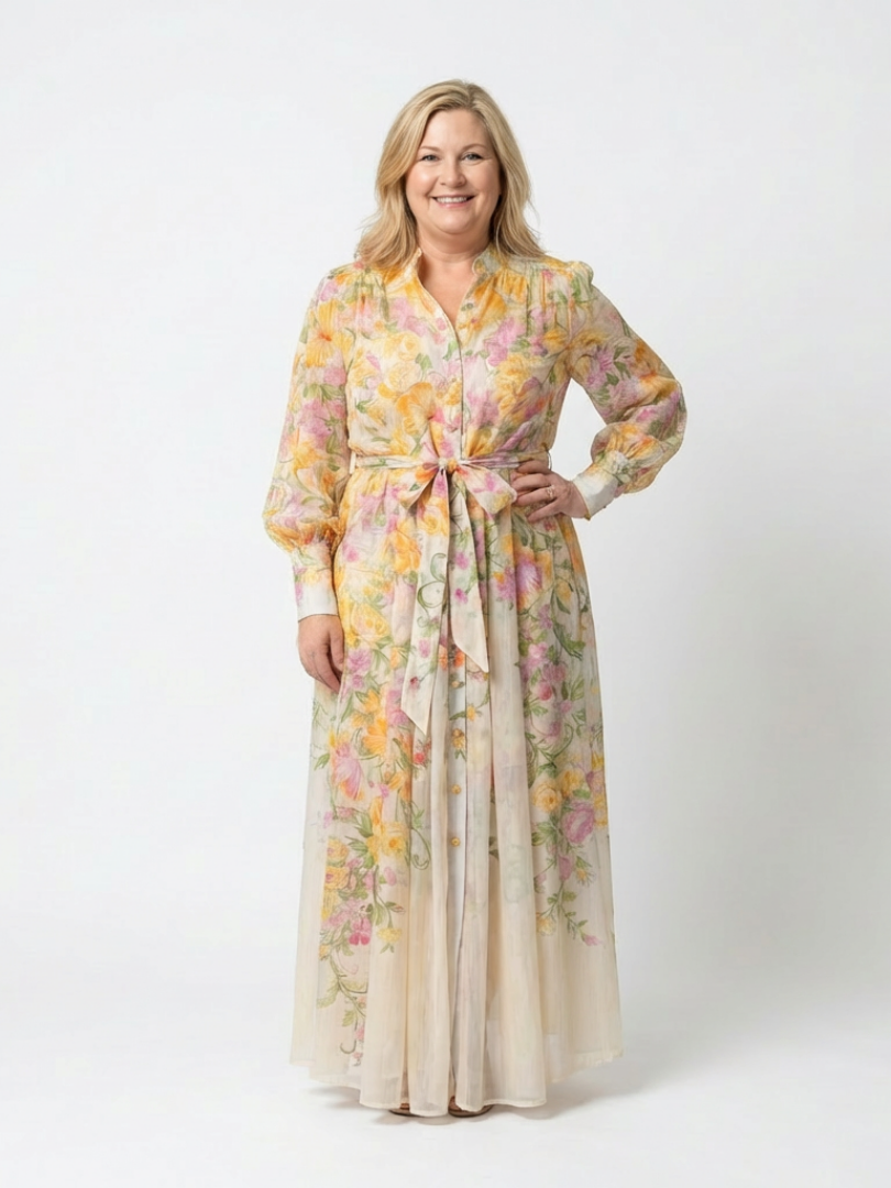 Cressida - Vestido largo floral semitransparente de manga larga