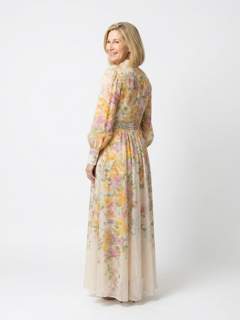Cressida - Vestido largo floral semitransparente de manga larga