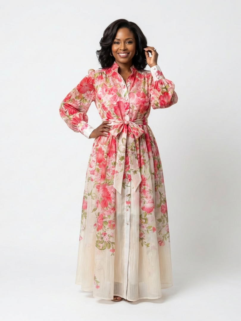 Cressida - Vestido largo floral semitransparente de manga larga