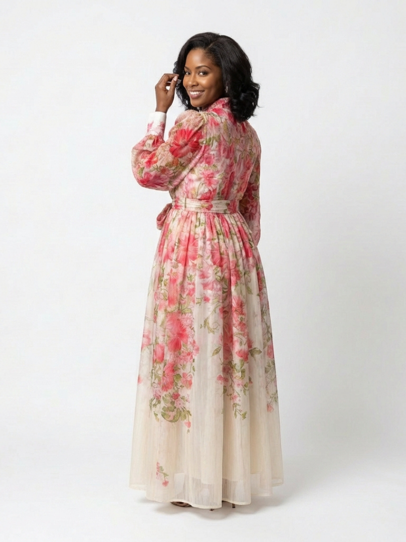 Cressida - Vestido largo floral semitransparente de manga larga