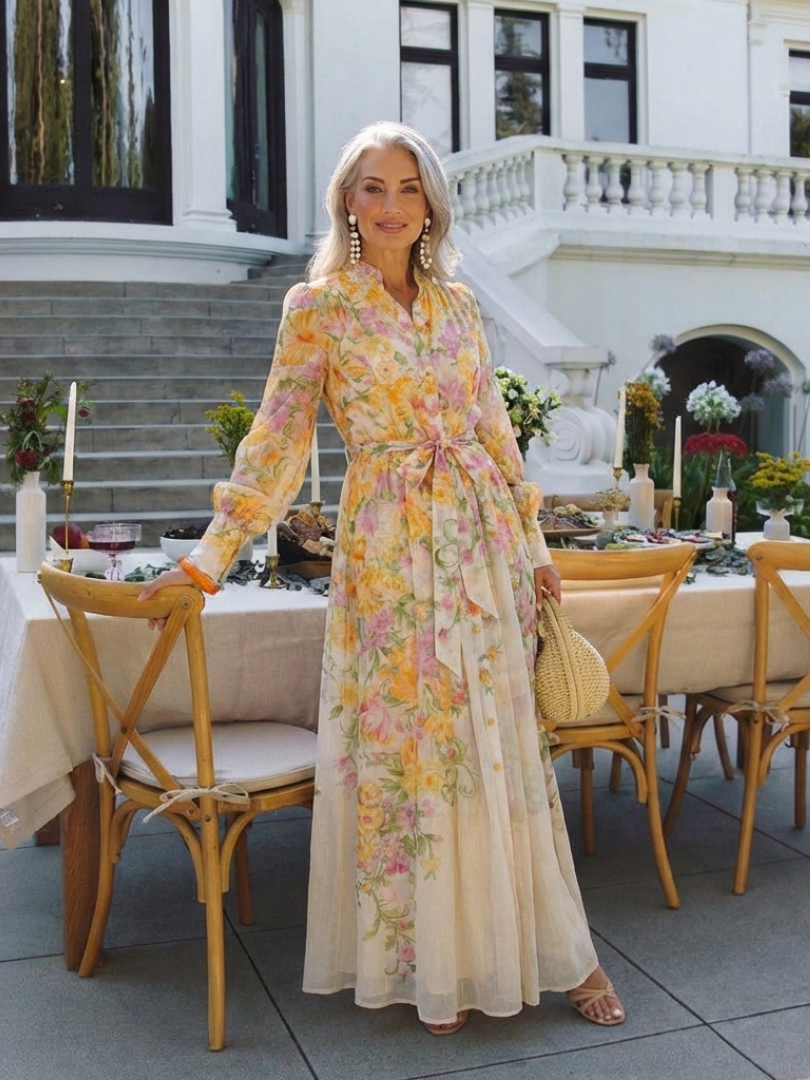 Cressida - Vestido largo floral semitransparente de manga larga