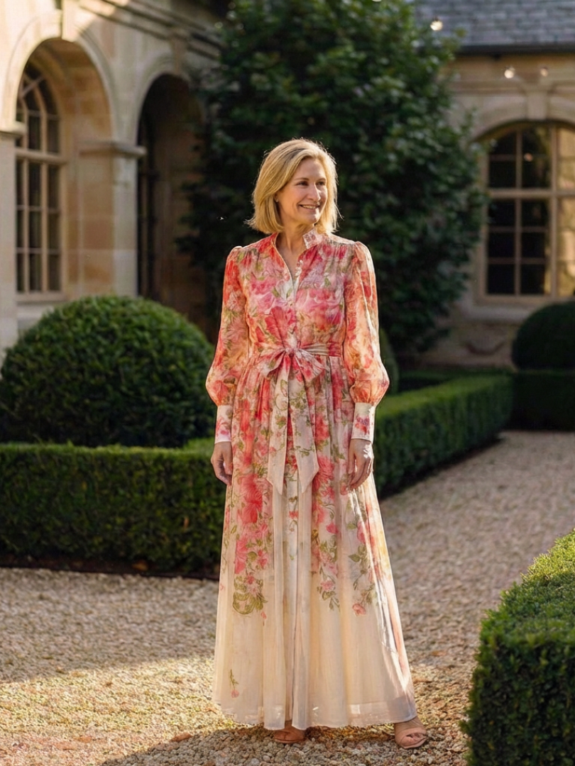 Cressida - Vestido largo floral semitransparente de manga larga