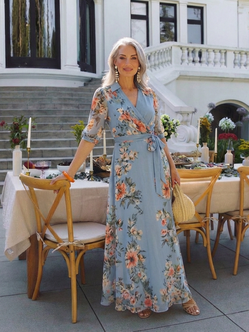 Elowen - Vestido largo floral cruzado con cuello en V